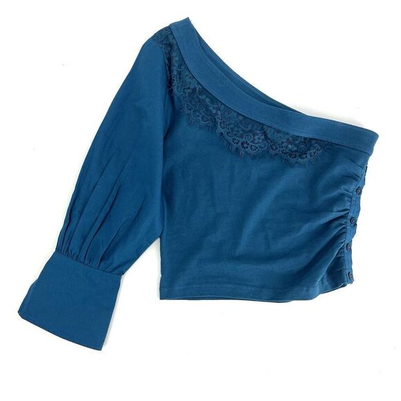 Anthropologie Tops - by Anthropologie Top Size XXS Teal One Shoulder Puff Sleeve Lace Crop Boho